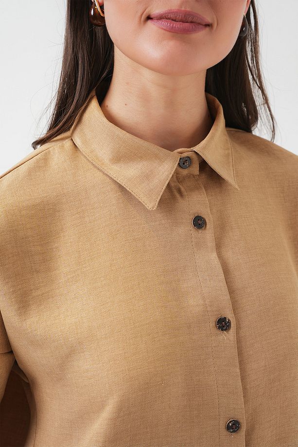 Kadın Camel Oversize Rahat Kalıp Keten Alt Üst Takım - 6