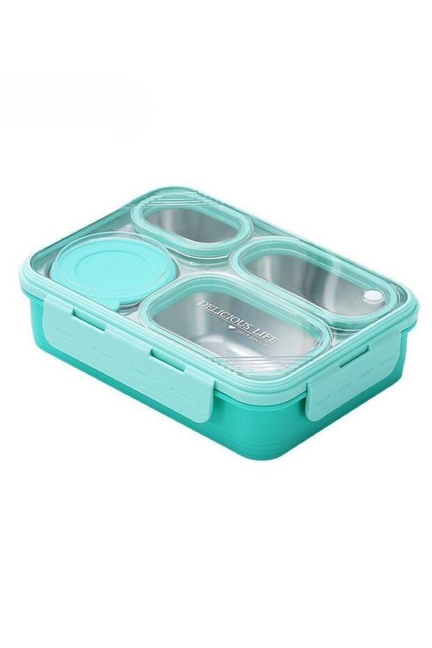 304 Steel Green 950 ml 4 Compartment Student Office Food Container Sefertası Cin864Ys