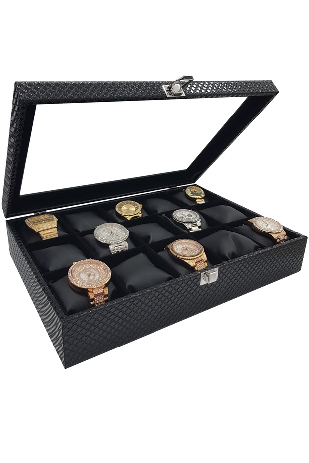 Black Diamond Leather 15-Piece Glass Watch Box St15-69