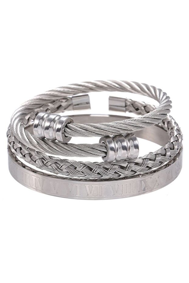 3-Piece Braided Roman Numeral Handcuff Steel Men's Bracelet Eu25