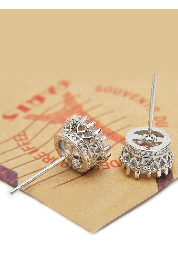 1 Carat Kral Tacı Motifli Beyaz Tek Taş Erkek Küpe Df09 - 4