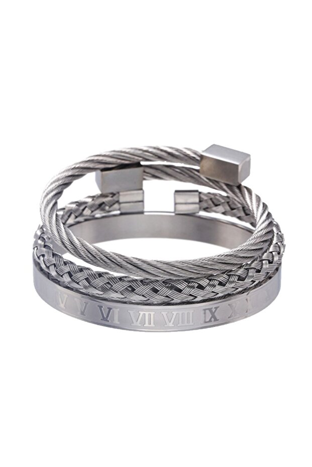 3-Piece Braided Roman Numeral Handcuff Steel Men's Bracelet Ep44