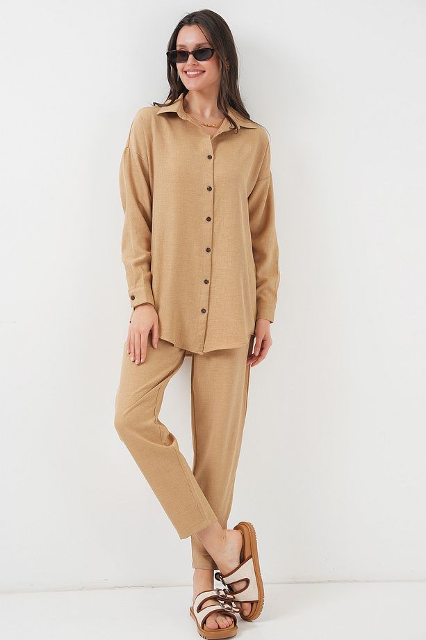 Kadın Camel Oversize Rahat Kalıp Keten Alt Üst Takım - 3