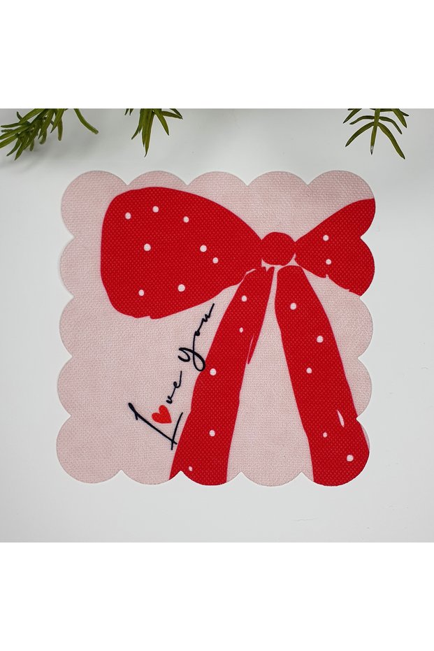 Pink Ribbon Love You Designed Romantic Laser Cut Fabric Cocktail Napkin 1 Piece