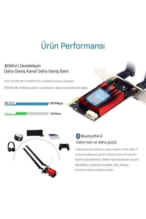Wifi-5 AC1200 Mbps Yüksek Performans Wifi-5 + Bluetooth PCIe Ağ Kartı Adaptör Çift Bant 5Ghz/2.4Ghz - 3