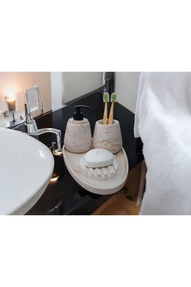طقم حمام خرساني منقوش رخامي مكون من 4 قطع، ملحق موزع الصابون السائل وفرشاة الأسنان
