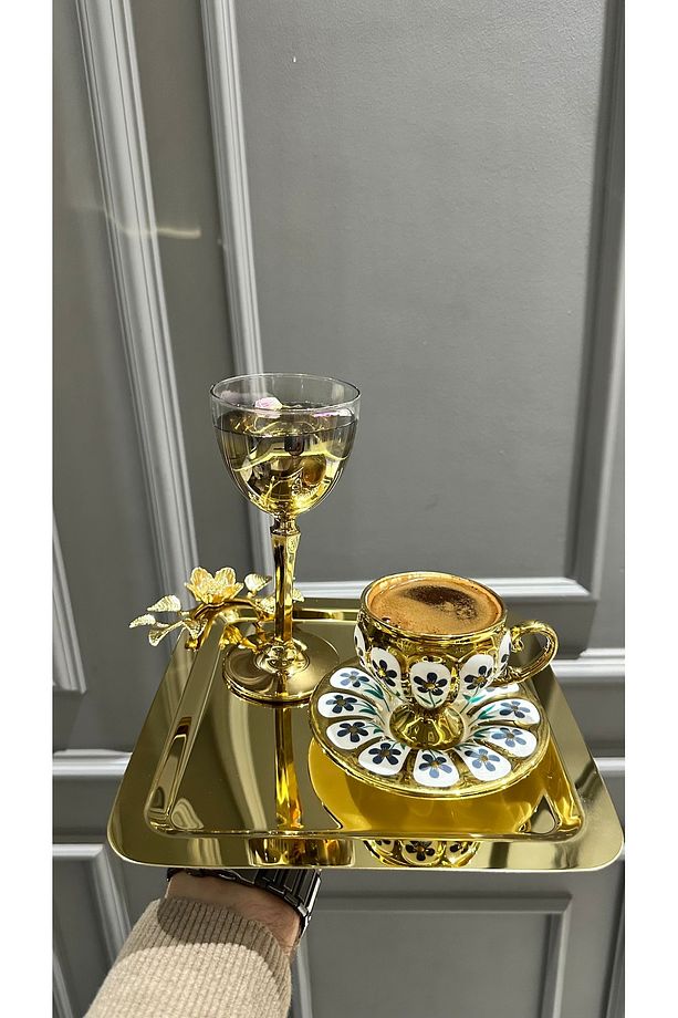 6 Adet Gold Kare Model Metal Tek Kişilik Kahve Sunum Tepsisi - 4