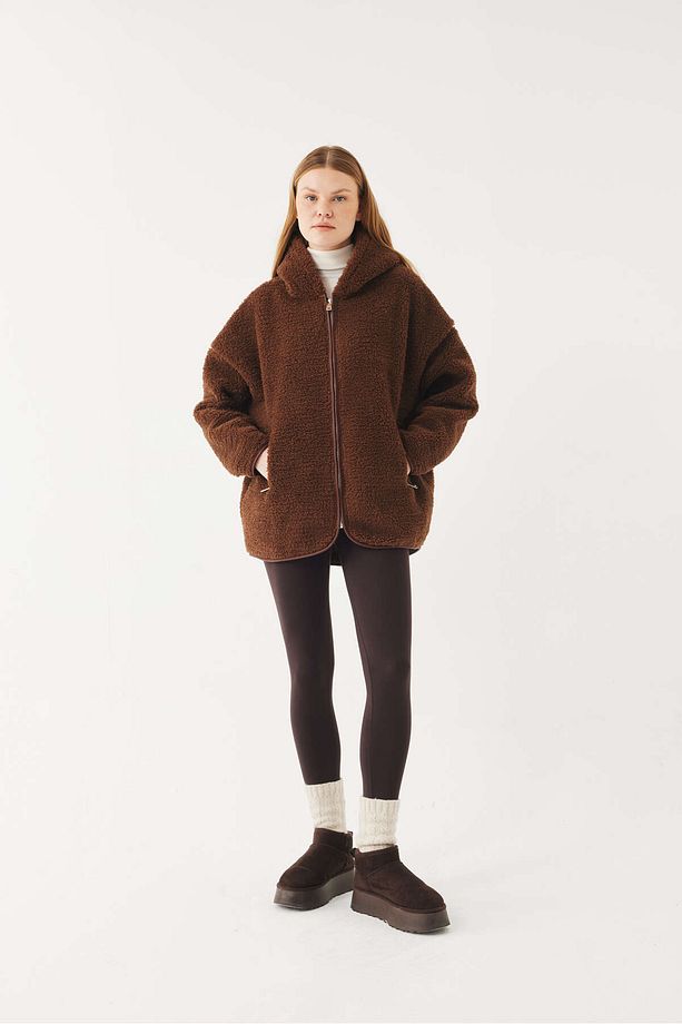 Oversize Suni Yün Kapüşonlu Polar Ceket - 5