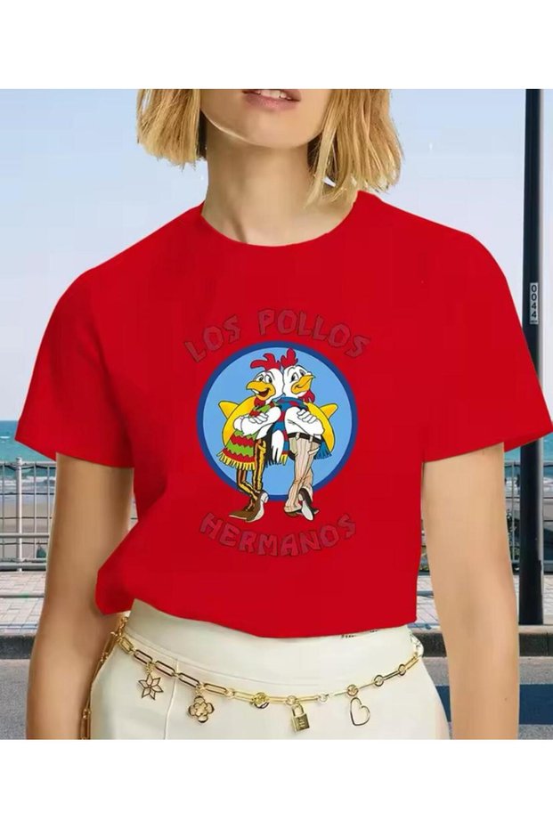Los Pollos Printed Women's Cotton Combed Crew Neck Red T-Shirt