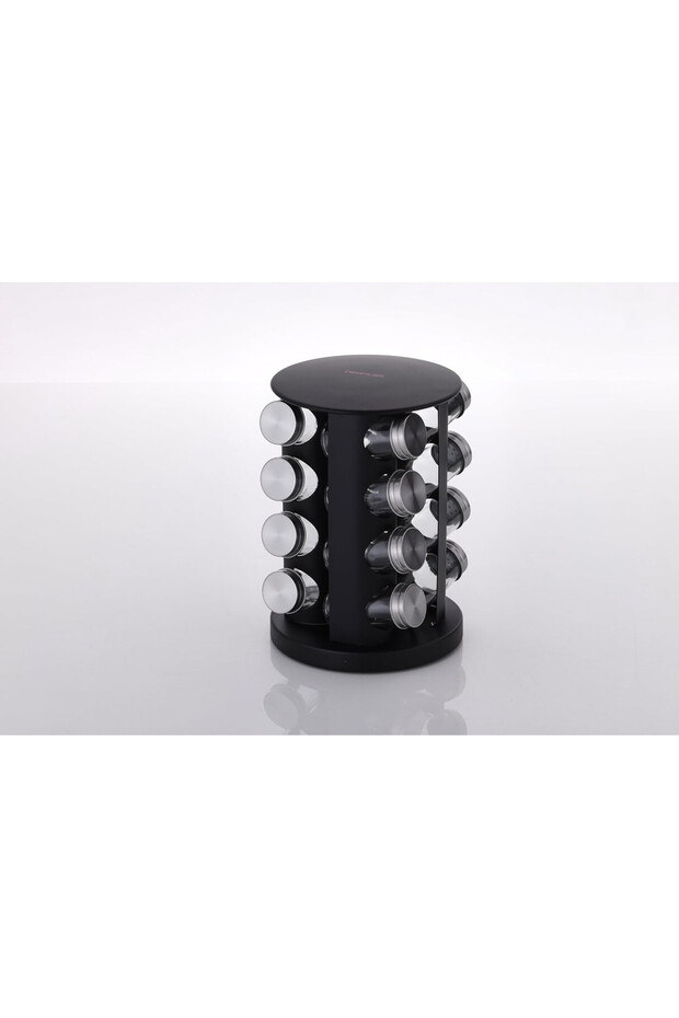 ,spice rack Set 16 Glass Jar ,Rotating stand,plastic round medium,Black