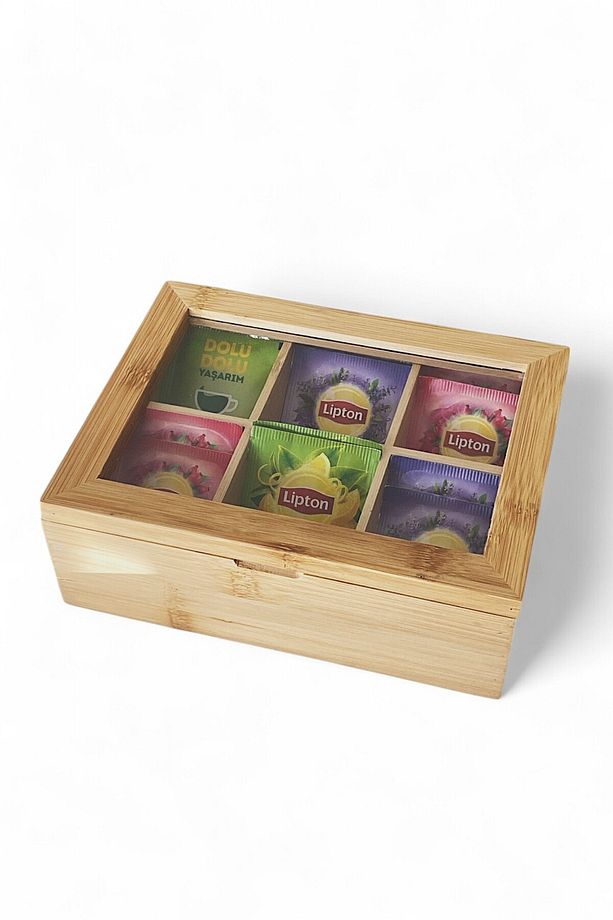 Bambu 6 Bölmeli Çay Kutusu -%100 Bambu Mıknatıslı Kapak 21x16,5 x7cm - 2