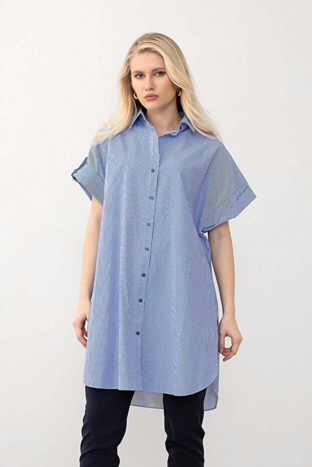 Side Slit Striped Poplin Tunic Blue 9283