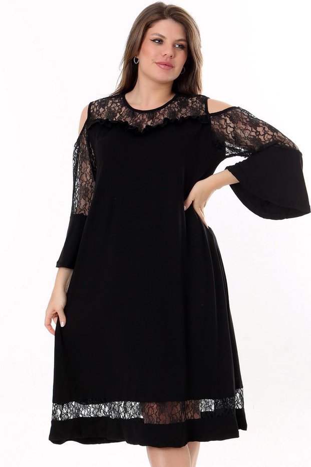 Round Neck Chest Skirt and Sleeve Lace Detail Long Flounced Sleeve Flexible Midi Dress with Shoulder Window
