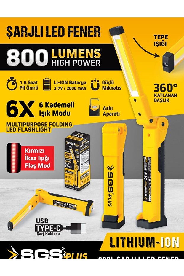 2000 Mah Katlanabilir Şarjlı Led Fener Mıknatıslı 6 Modlu Masa ve Çalışma Lambası 800 Lümen 3.7V - 1