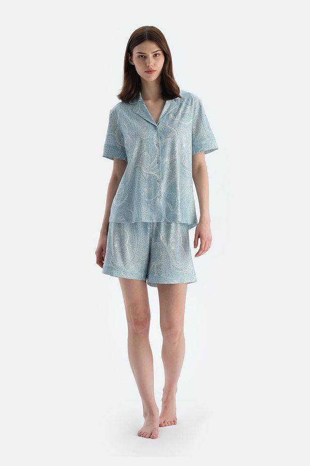 Açık Mavi Şal Desenli Penye Modal Gömlek Şort Pijama Takımı - 1