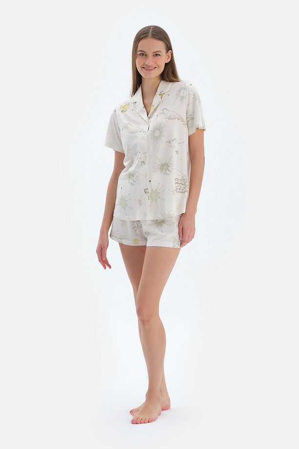 Ekru Bulut Desenli Gömlek Şort Pijama Takımı - 1