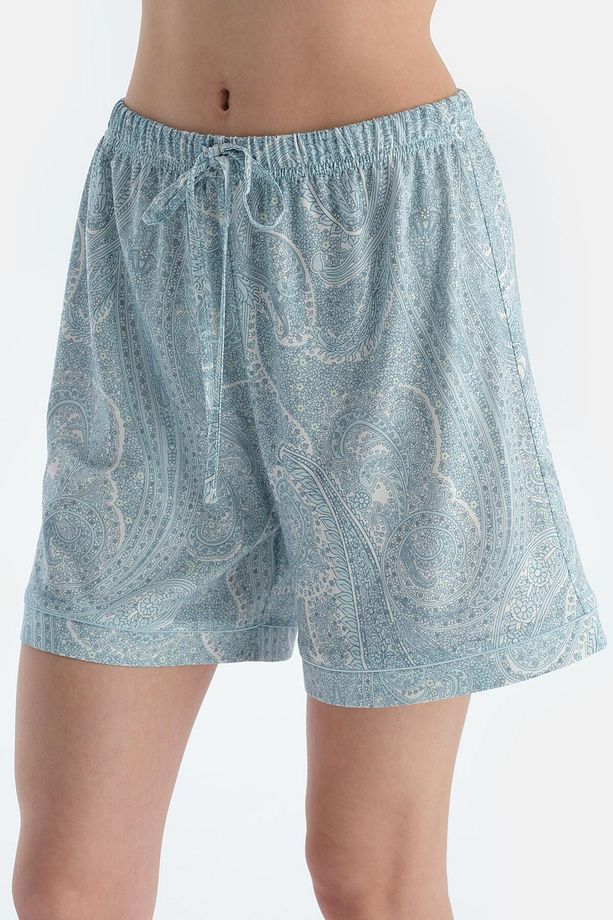 Açık Mavi Şal Desenli Penye Modal Gömlek Şort Pijama Takımı - 5