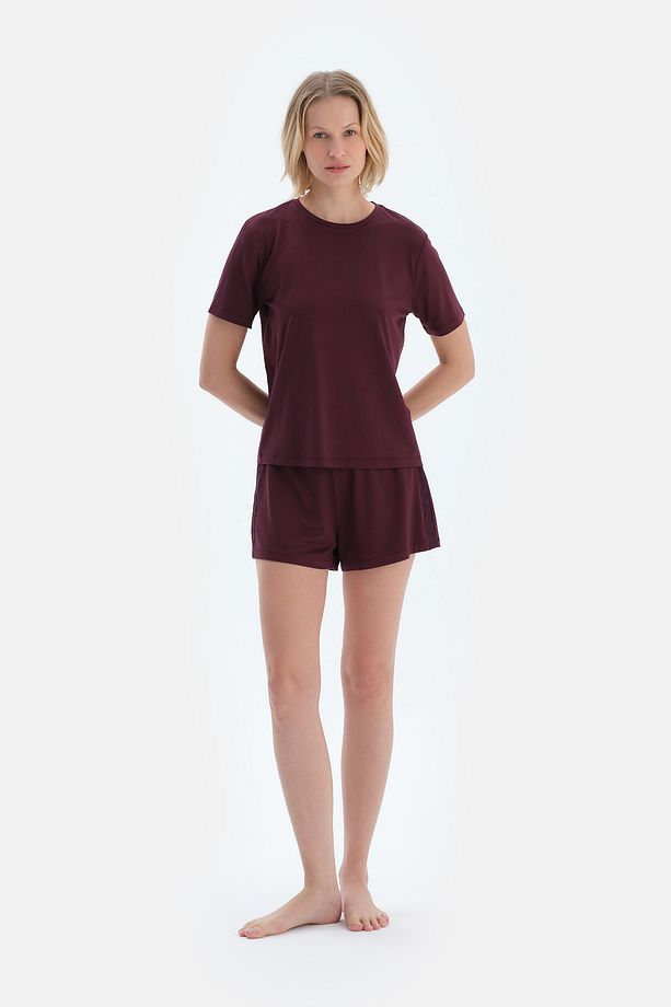 Mürdüm Dantel Detaylı Kısa Kollu Viskon Tişört Şort Pijama Takımı - 4