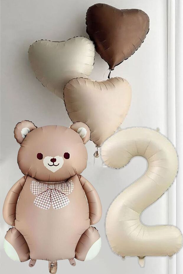 2 Year Old Birthday Caramel Balloon Set with Bow Tie Bear and 3 Retro Heart Balloons