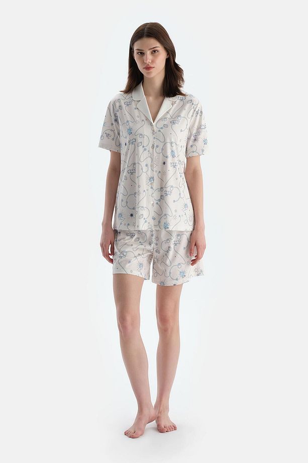 Ekru Metraj Baskılı Penye Modal Gömlek Şort Pijama Takımı - 4
