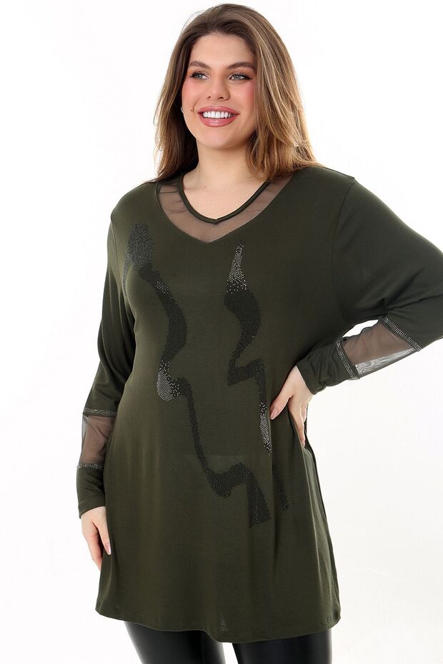 V-neck Stone Embroidered Comfortable and Flowy Fit Long Sleeve Plus Size Blouse with Tulle Detail on Collar and Sleeve