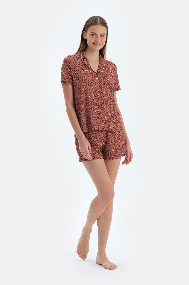 Kiremit Leopar Desenli Gömlek Şort Pijama Takımı - 4