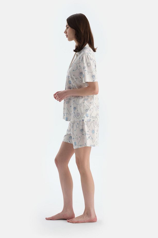 Ekru Metraj Baskılı Penye Modal Gömlek Şort Pijama Takımı - 3