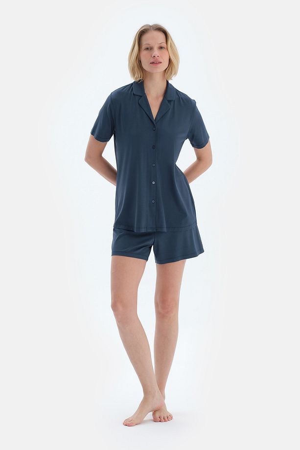 Lacivert Dokuma Etiket Detaylı Basıc Gömlek Şort Pijama Takımı - 1