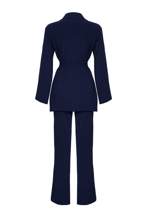 Lacivert Kuşaklı Kruvaze Dökümlü Kumaş Blazer Pantolon Dokuma Alt-Üst Takım TCTSS25US00001 - 8