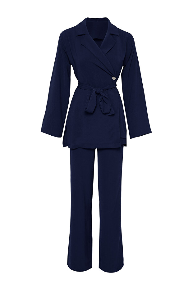 Lacivert Kuşaklı Kruvaze Dökümlü Kumaş Blazer Pantolon Dokuma Alt-Üst Takım TCTSS25US00001 - 6