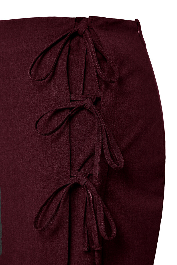 Bordo Fiyonk/Bağcıklı Midi Dokuma Büyük Beden Etek TBBAW25AZ00029 - 9
