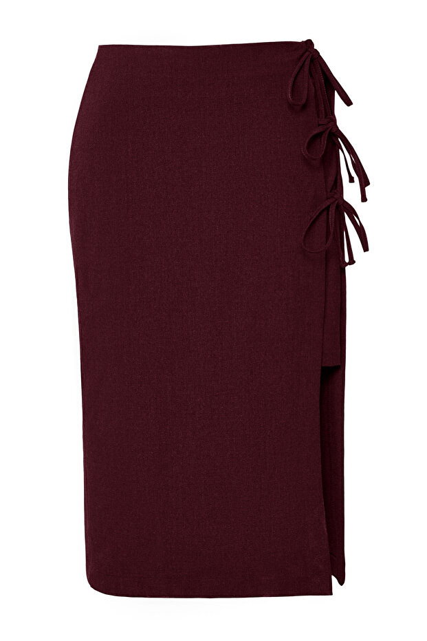 Bordo Fiyonk/Bağcıklı Midi Dokuma Büyük Beden Etek TBBAW25AZ00029 - 8