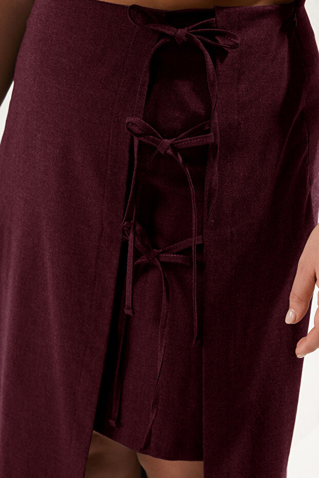 Bordo Fiyonk/Bağcıklı Midi Dokuma Büyük Beden Etek TBBAW25AZ00029 - 4
