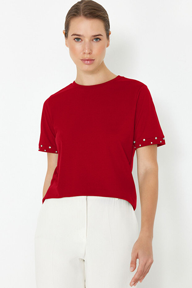 Kırmızı Taş Aksesuar Detaylı Regular Kalıp Örme T-Shirt TWOSS24TS00070 - 1