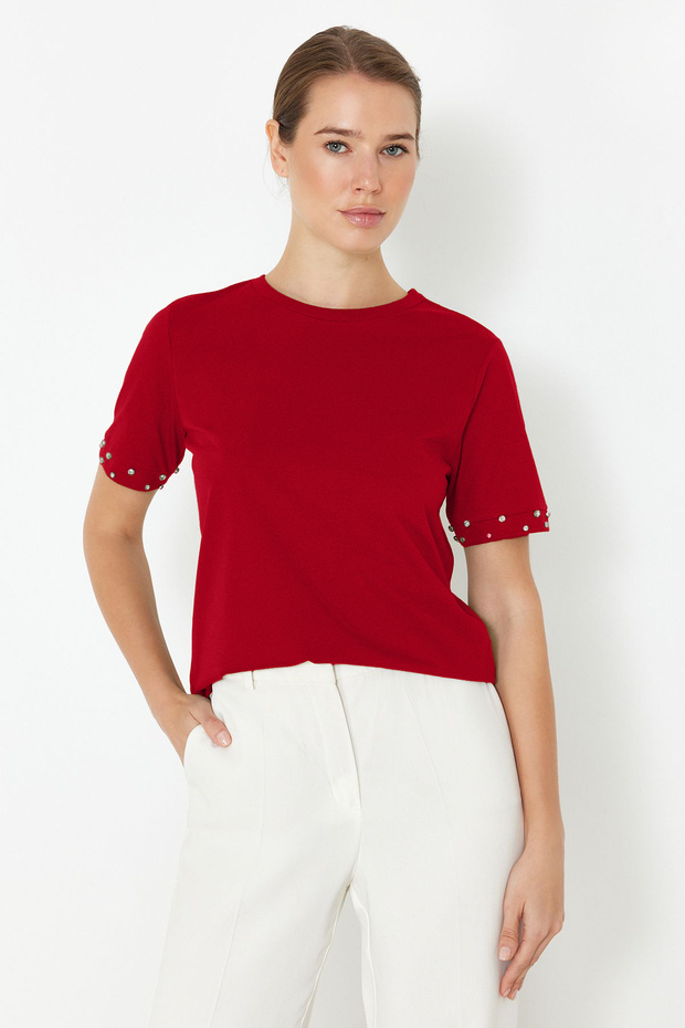 Kırmızı Taş Aksesuar Detaylı Regular Kalıp Örme T-Shirt TWOSS24TS00070 - 2