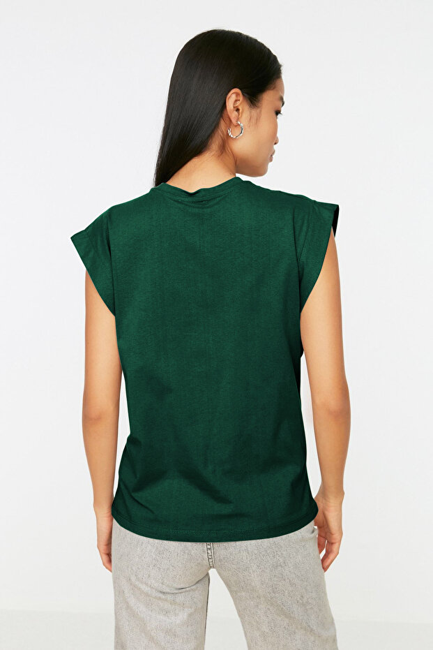 Zümrüt Yeşili Detaylı %100 Pamuk Vatka Görünümlü Basic Bisiklet Yaka Örme T-Shirt TWOSS20TS0021 - 6