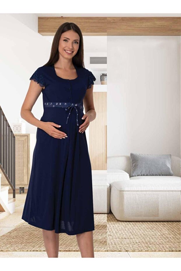 Effort Women's Navy Blue Buttoned Midi Size Maternity Maternity Nightgown