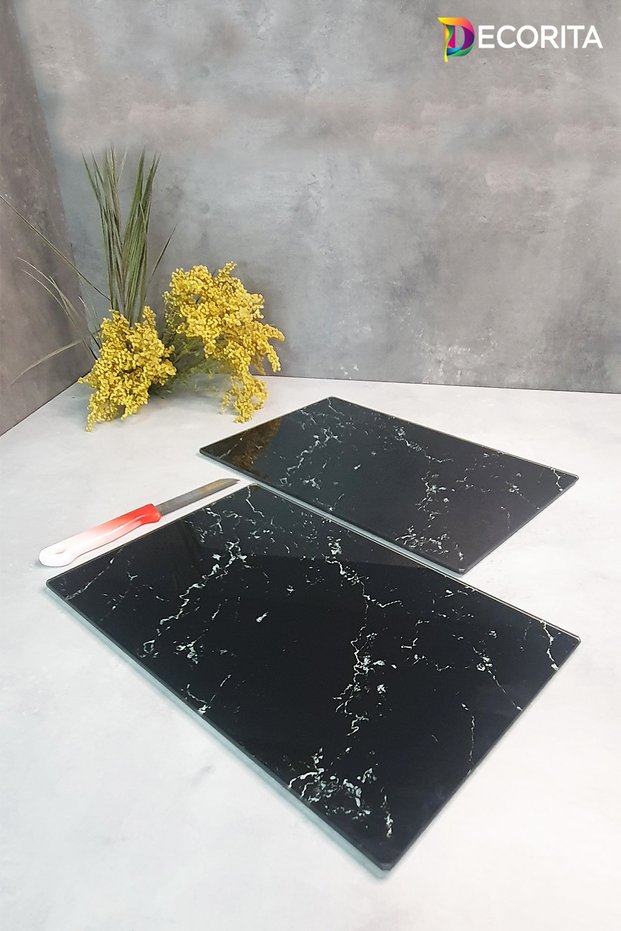 Glass Cutting Board - Glass Cutting Table | Set of 2 Black Marble Look | 20cm X 30cm