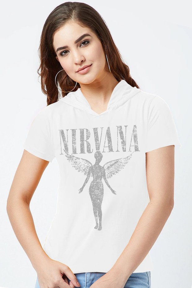 Angel Nirvana White Hooded Short Sleeve Women's T-Shirt