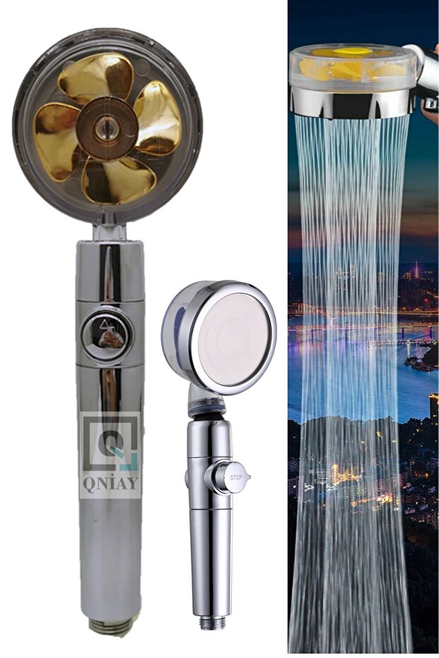 Turbo Shower Head Pressurized Sprinkler with Stop Button Gold Propeller Water Saving Shower Bathroom