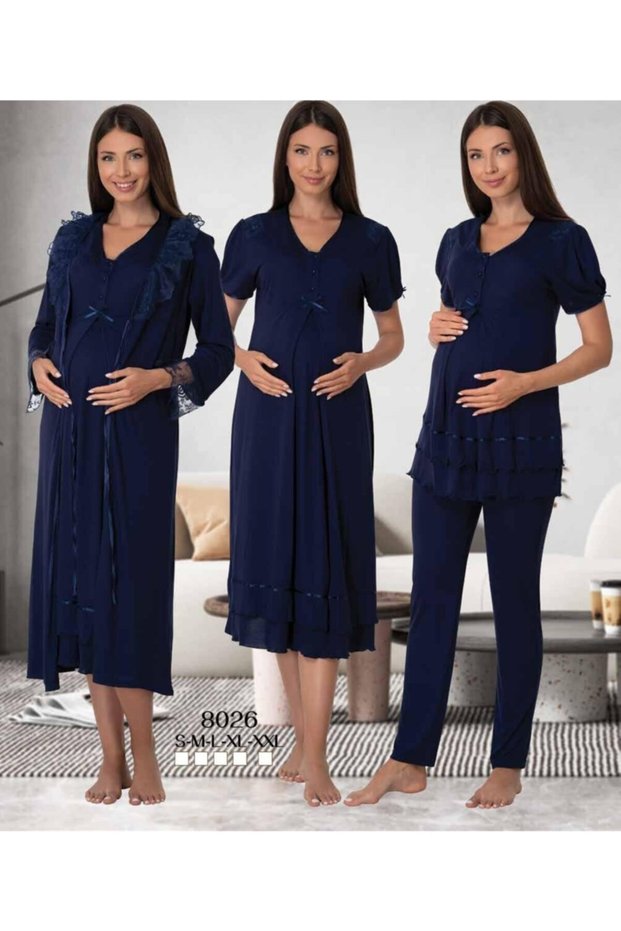 Effort Women's Navy Blue Adjustable Waist Lace Dressing Gown Set of 4 Maternity Maternity Pajamas Nightgown Set