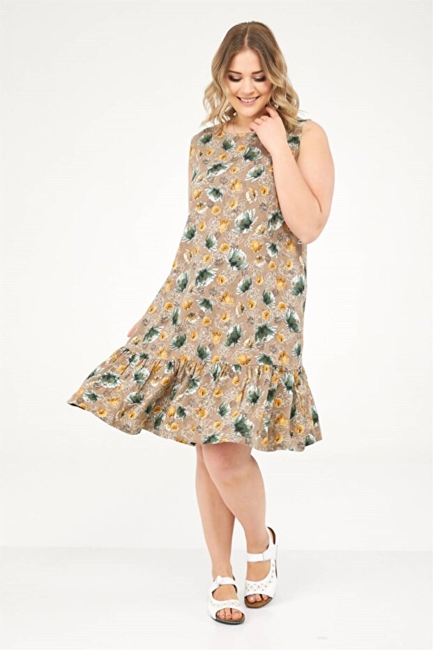 Round Neck Sleeveless Floral Pattern Woven Dress Brown