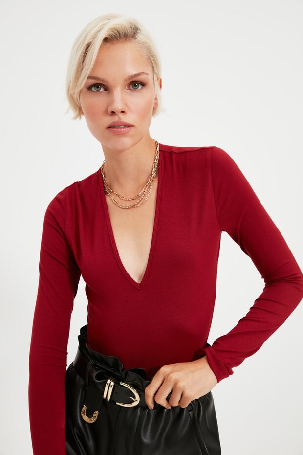 Burgundy Deep V Neck Snap Fastener Knitted Bodysuit Tpraw22Bd0084 - 7