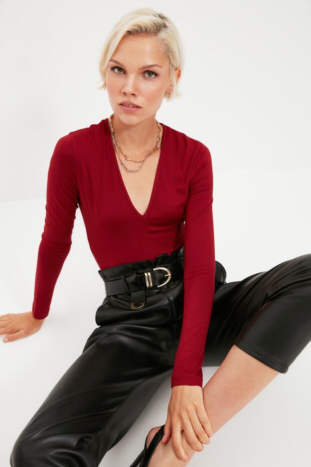 Burgundy Deep V Neck Snap Fastener Knitted Bodysuit Tpraw22Bd0084 - 8
