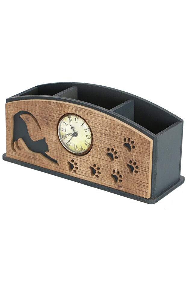 Wooden Decorative Cat Figure Clock Pen Holder