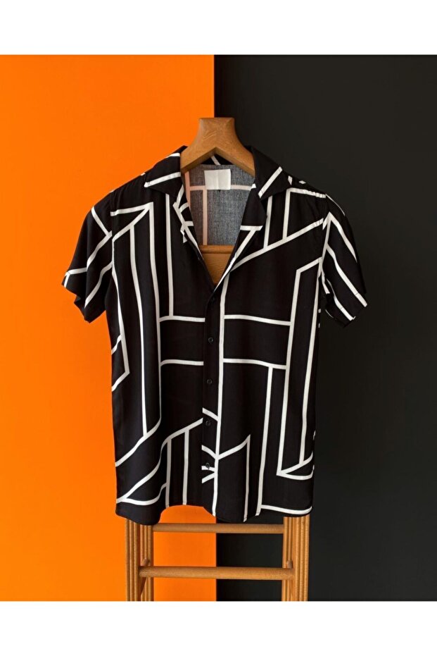 White Striped Short Sleeve Slim Fit Men's Shirt Viscose Fabric