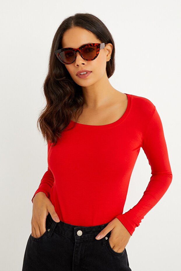 Guler pătrat roșu de damă cu mânecă lungă Basic Badi - 3