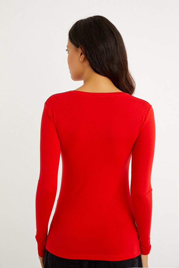 Guler pătrat roșu de damă cu mânecă lungă Basic Badi - 5