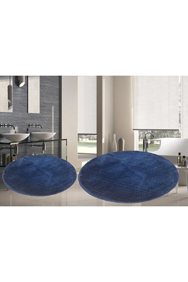 2-Piece Round Post Plush Bath Mat Set Large Non-Slip Toilet Seat Set Blue 100x100 60x60