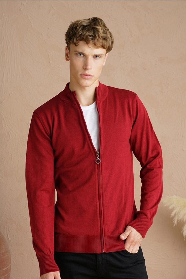 Erkek Bordo Tek Plaka Ince Triko Hırka-hrk1850r07s - 2